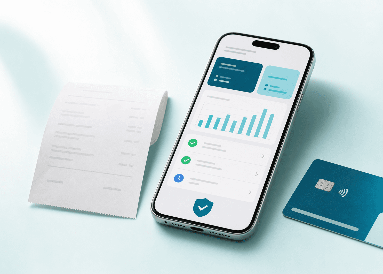 Financial payment dashboard with a receipt and payment card